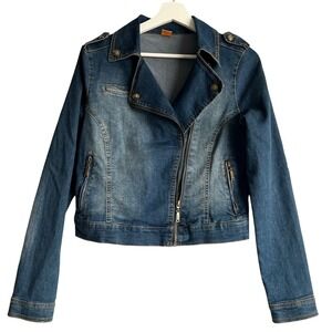 vintage Jou Jou Womens Denim Moto Jacket Medium Wash Asymmetric Zip Biker Size M